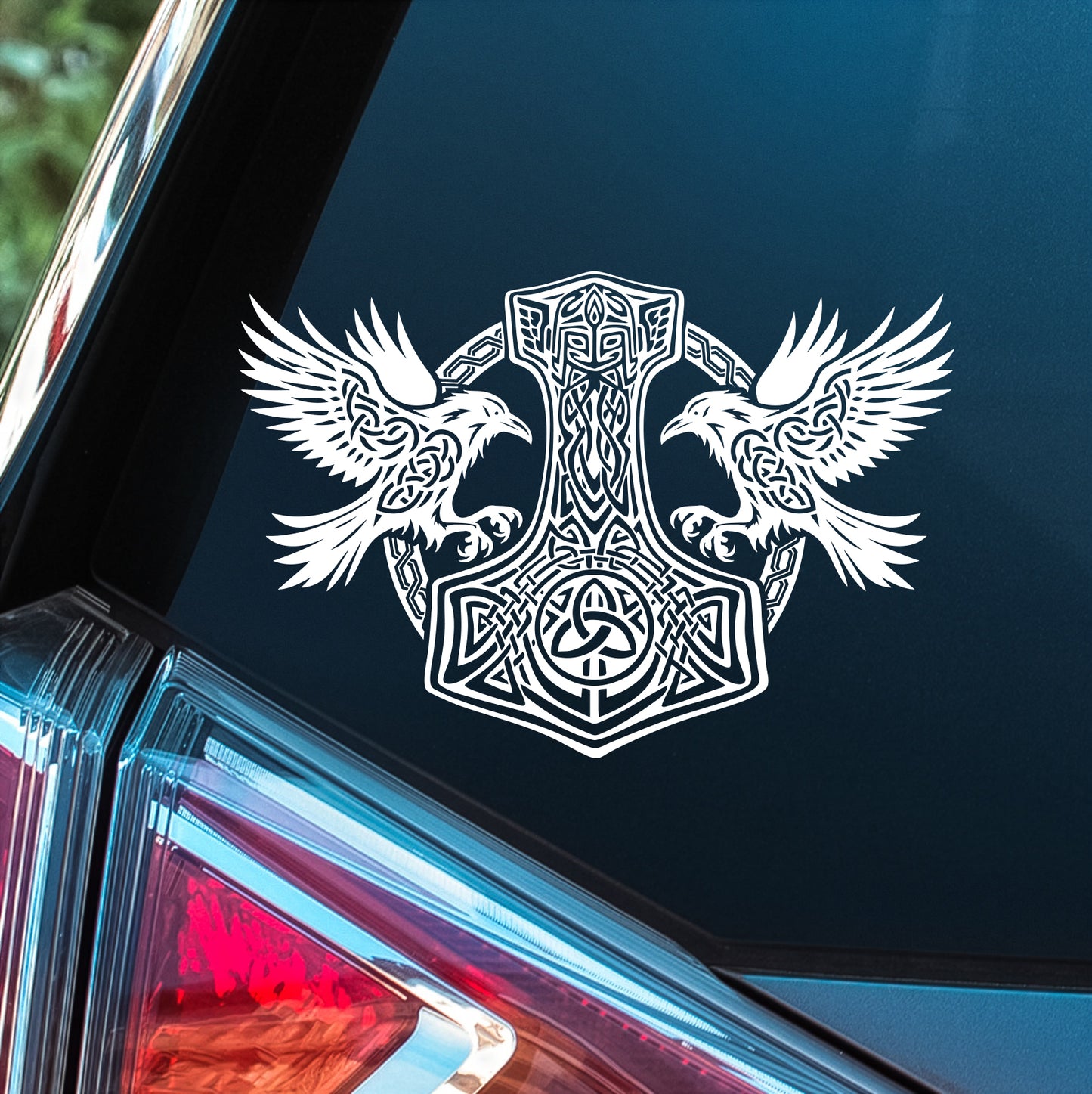 Encircled Mjolnir With Ravens - Premium Vinyl Decal