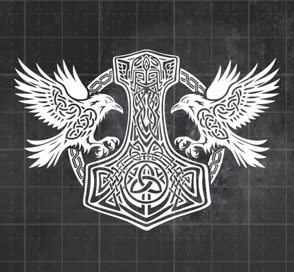 Encircled Mjolnir With Ravens -  Premium Vinyl Decal